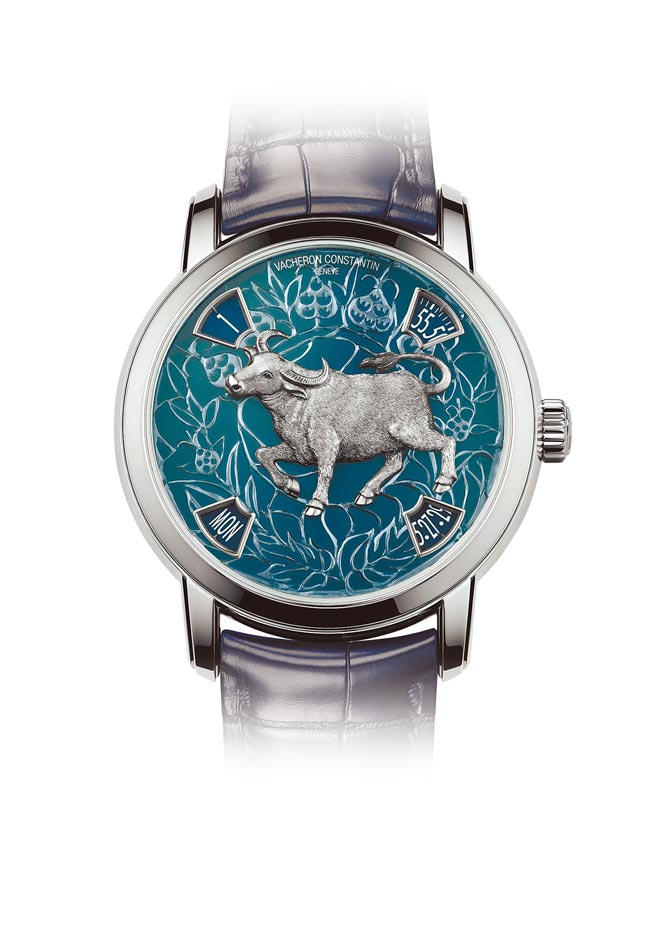 江诗丹顿牛年登场的Metiers d'Art艺术大师系列The Legend of the Chinese Zodiac中国十二生肖表，铂金款限量12只，428万。（Vacheron Constantin提供）