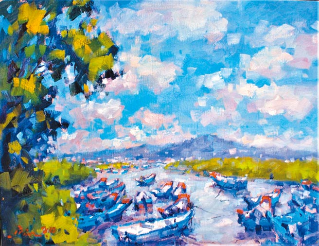 潘蓬彬，八里挖仔尾渔港，10P，油画。图片提供／潘蓬彬