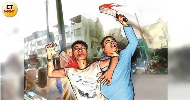 22岁的李佑瑜去年10月29日在街头和患有思觉失调症的陈嫌相遇对看后，陈嫌竟返家持双刀砍杀李男10刀致死。（图／本刊绘图组）