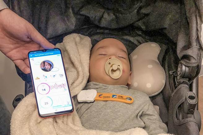 工研院婴幼儿智慧照护装置，可结合包巾放置于婴幼儿胸口量测生理讯号，获得CES创新奖。（罗浚滨摄）