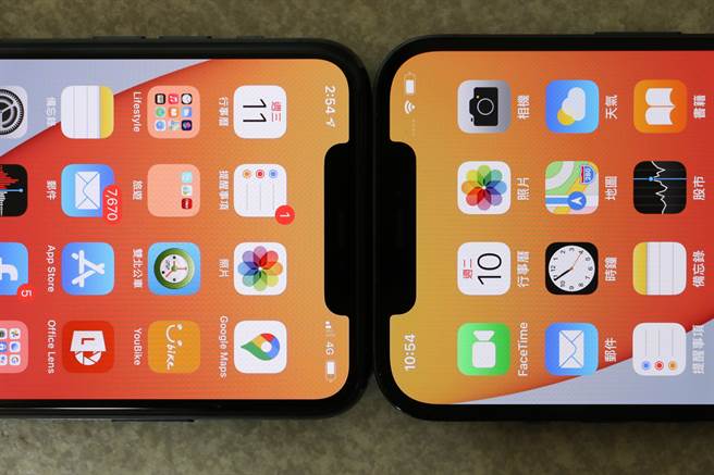 iPhone 11 Pro Max(左)與iPhone 12 Pro Max的TrueDepth位置對比。（黃慧雯攝）