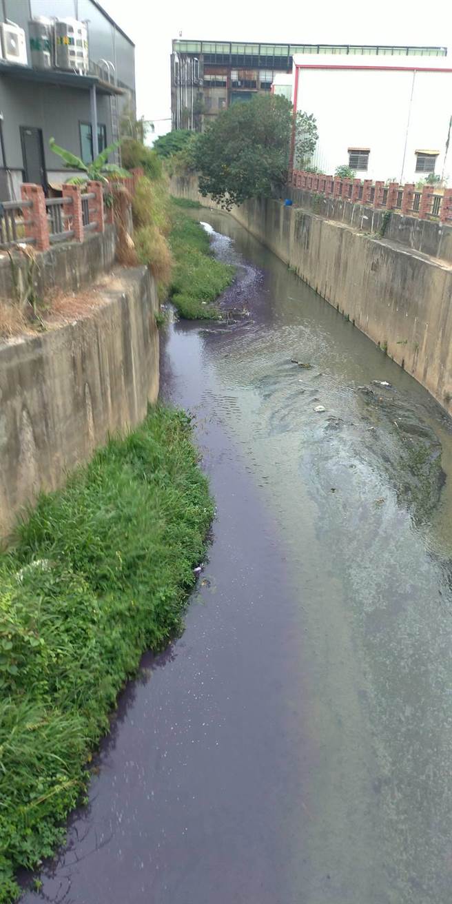 高巿府环保局日前查获印刷厂偷排造成凤山圳染成紫色。（环保局提供／曹明正高雄传真）