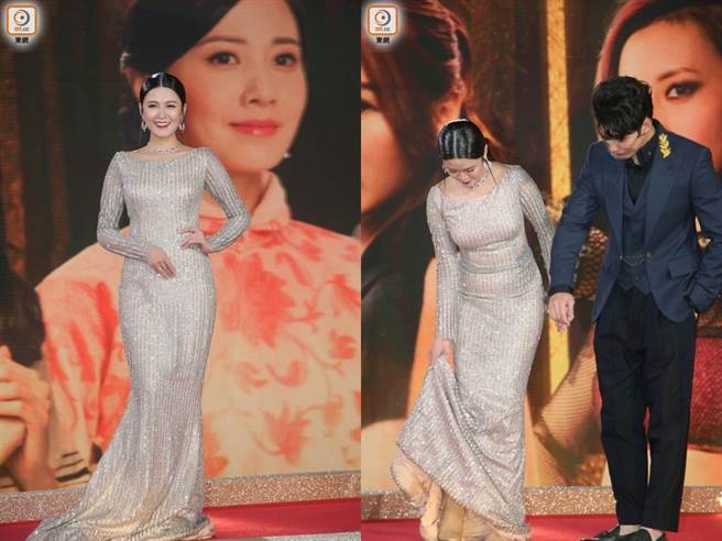 江嘉敏撩起裙擺，想不到小腹炸出來見客。（圖／翻攝東網）