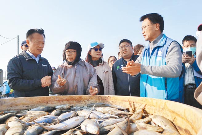 农委会主委陈吉仲（右一）会同立委蔡易余（右二）、嘉义县长翁章梁（左一）现勘文蛤池混养之虱目鱼灾损情形。（张毓翎摄）