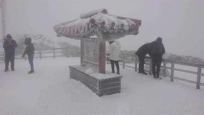 嶺合歡山12日白雪翩翩，許多民眾冒冷上觀景台看雪。（民眾提供／黃立杰南投傳真）