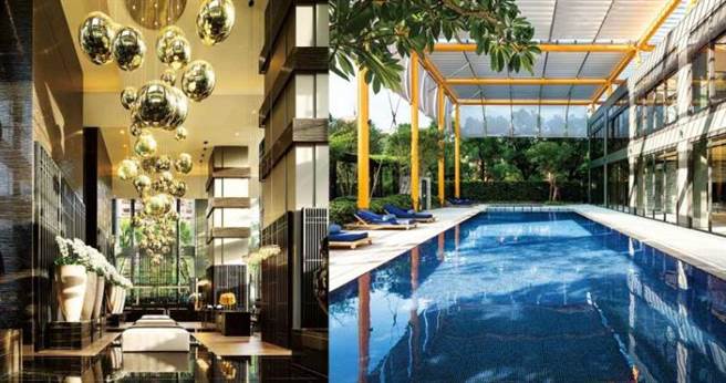 北栋Lobby走银色风格、南栋为金色风格（如图），两栋各有一座户外泳池，还有价3亿多元的珍稀百年老树庭园，令人惊艳。（图／业者提供）