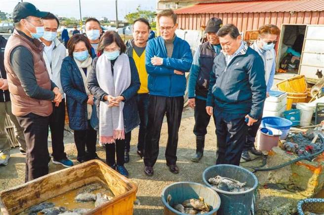 宜兰县有养殖户的龙虎斑因寒害冻死，县长林姿妙（左五）昨前往壮围乡了解养殖户受损情形。（图／宜兰县政府提供）