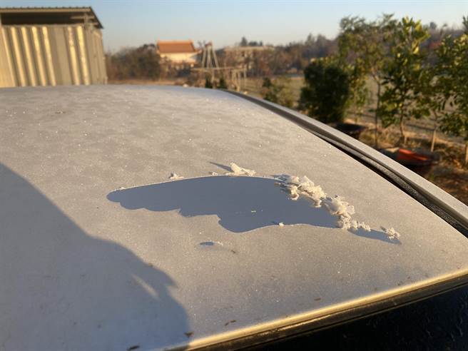 强烈寒流袭台，外岛金门今天清晨出现摄氏3.9度，入冬以来最低的气温，迎风面田间植物、车辆玻璃都结霜。（民眾提供）