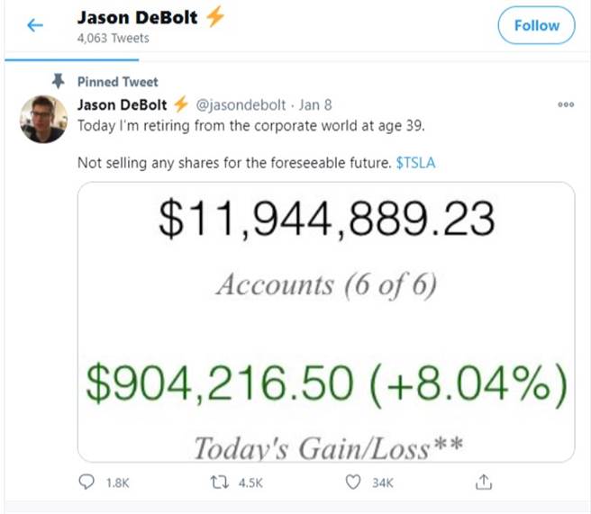 狄伯特在Twitter秀出特斯拉持股对帐单，并将此则推文置顶，宣布退休并且会长期持股特斯拉。(翻摄Jason DeBolt Twitter)