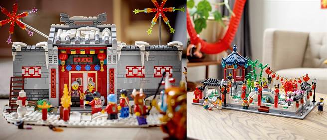 乐高牛年新年盒组80106「年兽的故事」（左）与新年盒组80107「新春元宵灯会」。（乐高提供／黄慧雯台北传真）
