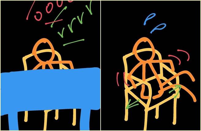 女大生分享自己摔进图书馆椅子的惨况，传神又有趣的示意图让笑翻网友。（截自PTT）