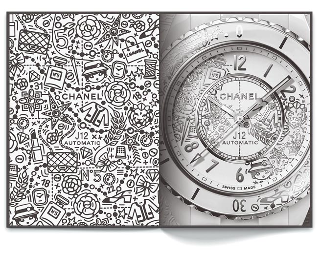 J12为庆祝问世20周年推出J12‧20腕表，表盘融入香奈儿的经典图腾涂鸦。（香奈儿提供）