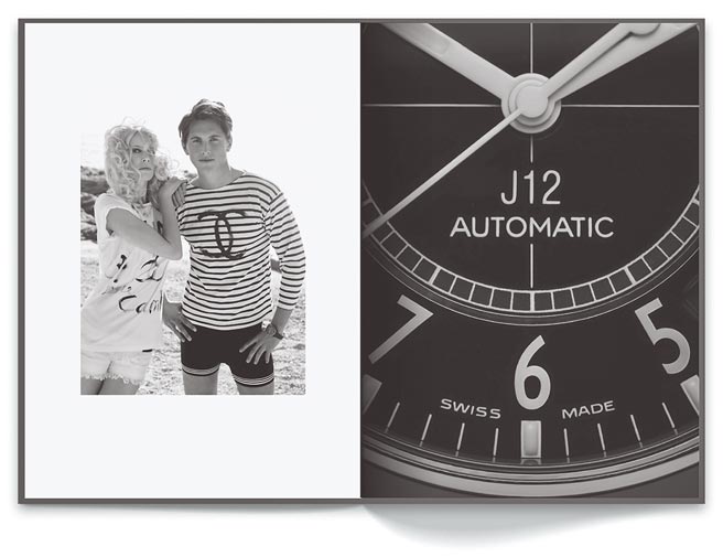 德国超模Claudia Schiffer与英国演员Jake Davies在2008年合体拍摄香奈儿J12腕表广告。（香奈儿提供）