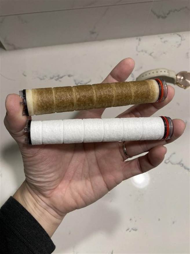 繼新北市之後，台北的自來水也傳出災情，不少民眾發現水變黃，也有人PO出蓮蓬頭的濾水器直呼，突然變好髒。（圖／翻攝自PTT）