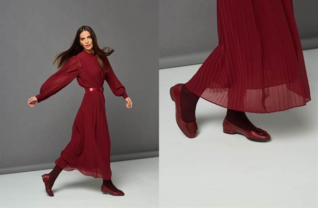 经典百搭的休閒款深酒娃娃鞋也很推荐，採用圆头低跟设计，并以典雅方扣点缀，营造出简约大方的时髦氛围。（图／品牌提供）