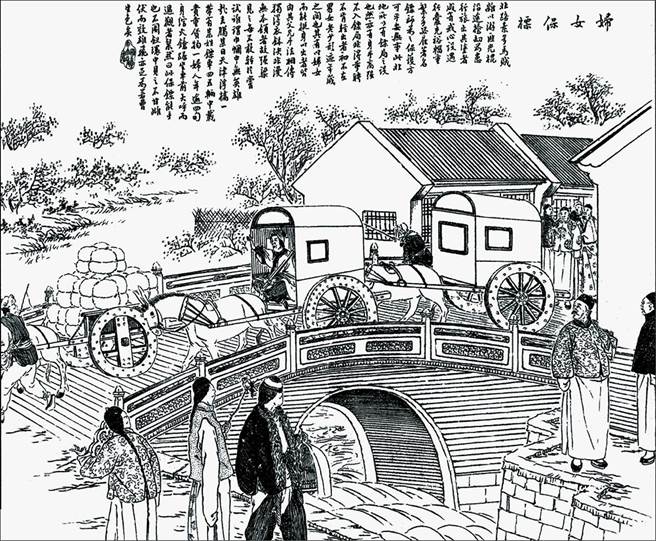 从清代的妇女保标图像可知，那些舞刀弄鎗、英姿飒爽的女侠其来有自，不只是小说家的虚构幻想。图片来源│〈姑嫂保镖〉，吴友如等画，《点石斋画报》（大可堂版）册 12，页 2