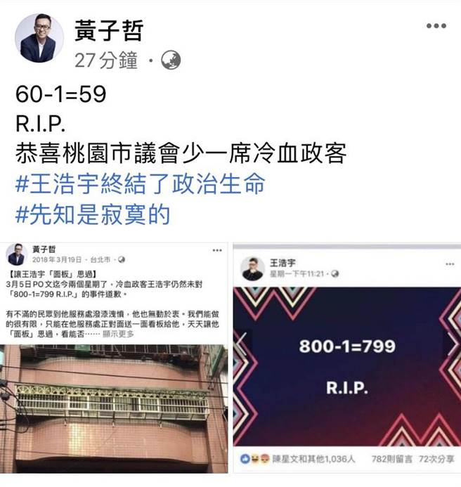 国民党文传会副主委黄子哲在脸书表示，「60-1=59 R.I.P.」，恭喜桃园市议会少一席冷血政客，王浩宇终结了政治生命。（摘自黄子哲脸书）