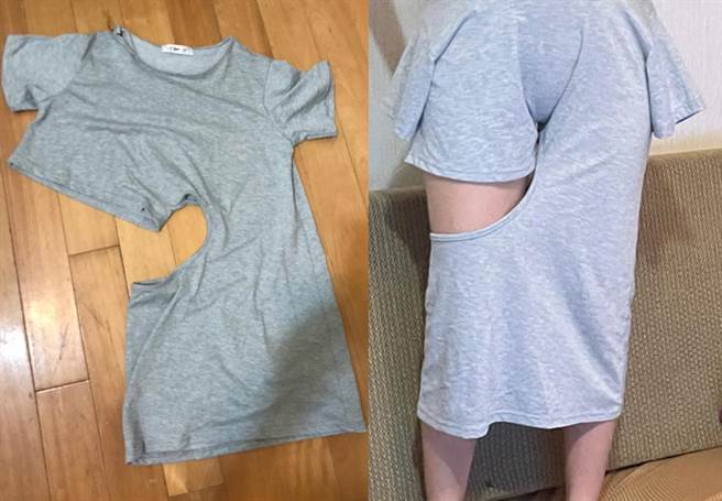 原PO直接将衣服由小腿处往上一拉，整件卡在腰部，隐约露出「骆驼蹄」。（图／翻摄自脸书《爆废公社二馆》）