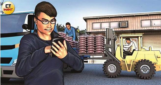 身背6条通缉的男子王亦杰，以假名应徵美浓农会杂工，钻管理漏洞，和同伙盗搬近133吨红豆变卖图利。（图／本刊绘图组）