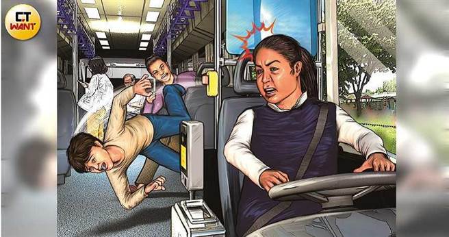 蔡女指控司机王佩琏开快车导致儿子摔伤，司法调查后认定王无驾驶过失、不须赔偿，公车界也因蔡的行为而人人自危。（图／本刊绘图组）