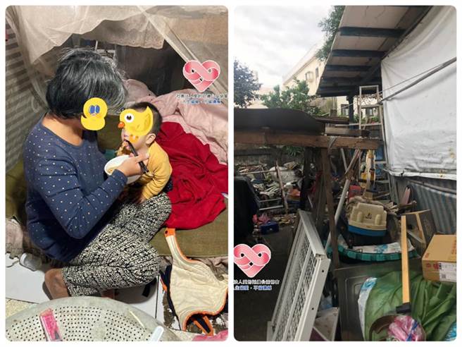 新北7岁妹住漏风屋，家中环境脏乱，四周以垃圾、帆布当墙，年仅1岁的弟弟只能吃泡麵充飢。（图／社团法人爱的延续公益协会提供）