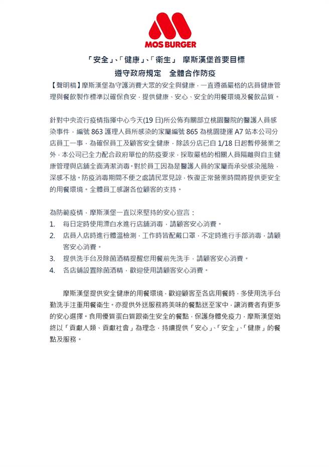 Today the daughter of the nursing caregiver Case 863 was diagnosed. The case was working at the Taojie A7 station.  In response, MOS Burger also issued a statement stating that the branch had been closed yesterday and completely disinfected.  (Photo: provided by Mos Burger)