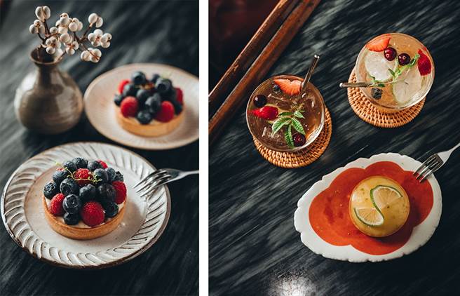 (左摄) 莓果塔以卡士达馅搭配饱满蓝莓及艳红覆盆子，酸甜味觉诱人食欲。(右摄)屏东在地柠檬做成凝乳内馅，搭配酥脆塔皮，口感酸甜清爽。(图/张晋瑞摄)