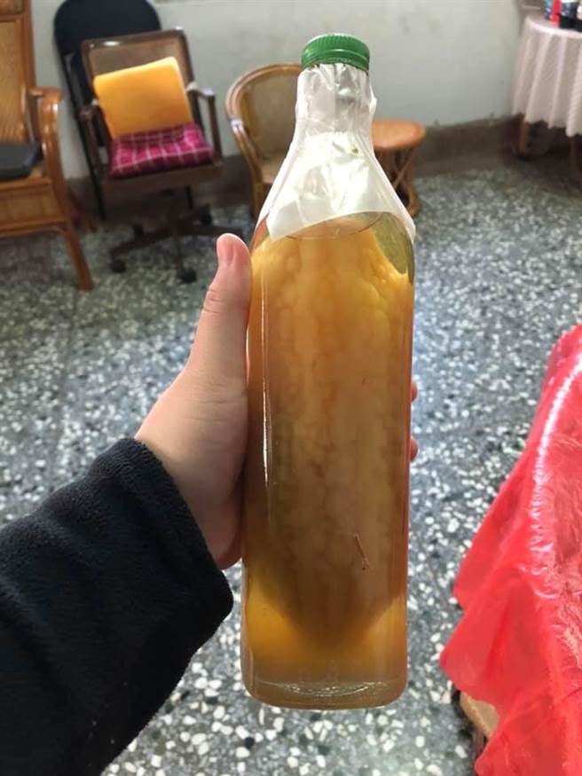 内行人透露，这颗苦瓜在藤蔓上仍是小苦瓜就被放进玻璃瓶里，然后在瓶子里慢慢长大。（图／翻摄自 爆废1公社）