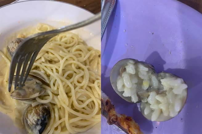 一位网友昨（20日）前往义式餐厅点了义大利麵，但打开蛤蜊一吃却发现塞满了饭粒，让他感到相当困惑。（脸书社团《爆怨公社》／苏育宣翻摄）