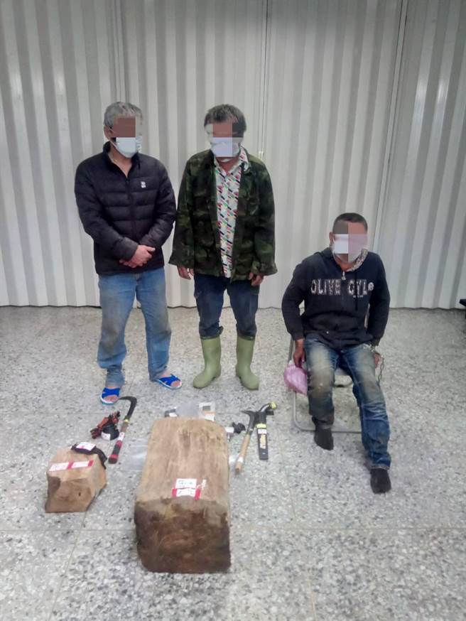 台东林区管理处工作人员19日执行巡护工作时，在初鹿山区一发现可疑机车藏匿，人员察觉有异便通报保七总队，双方彻夜埋伏，终于在20日清晨缉获3名窃取牛樟木的犯嫌，并查获赃木共0.06立方公尺，全案移送台东地检署侦办中。图为嫌犯3名与牛樟木2块及犯案工具。（台东林管处提供／蔡旻妤台东传真）