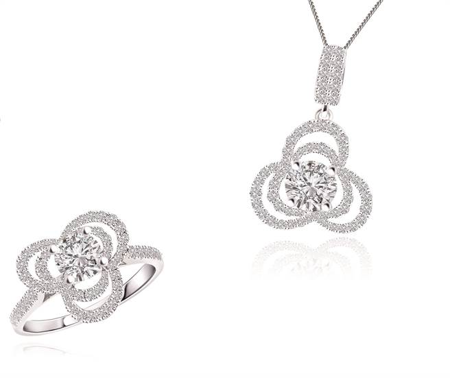 新光三越台北信义新天地「JADE.com幸福飞舞套组」（钻坠+18K白K金项炼+钻戒），3万2400元。（新光三越提供）