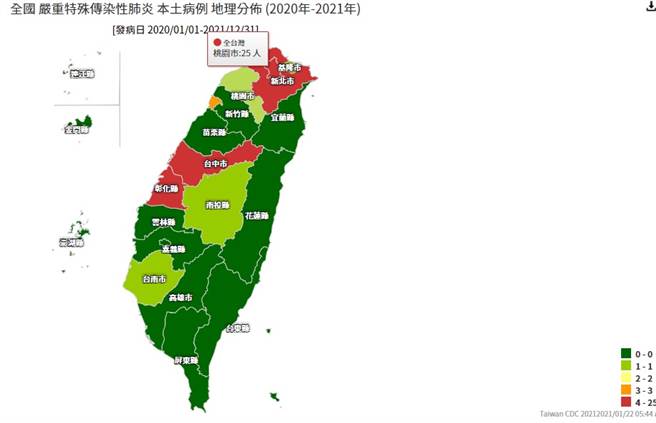 从疾管署最新确诊地图来看，目前桃园市是我国确诊个案最多的县市。（图／翻摄自疾管署网站）