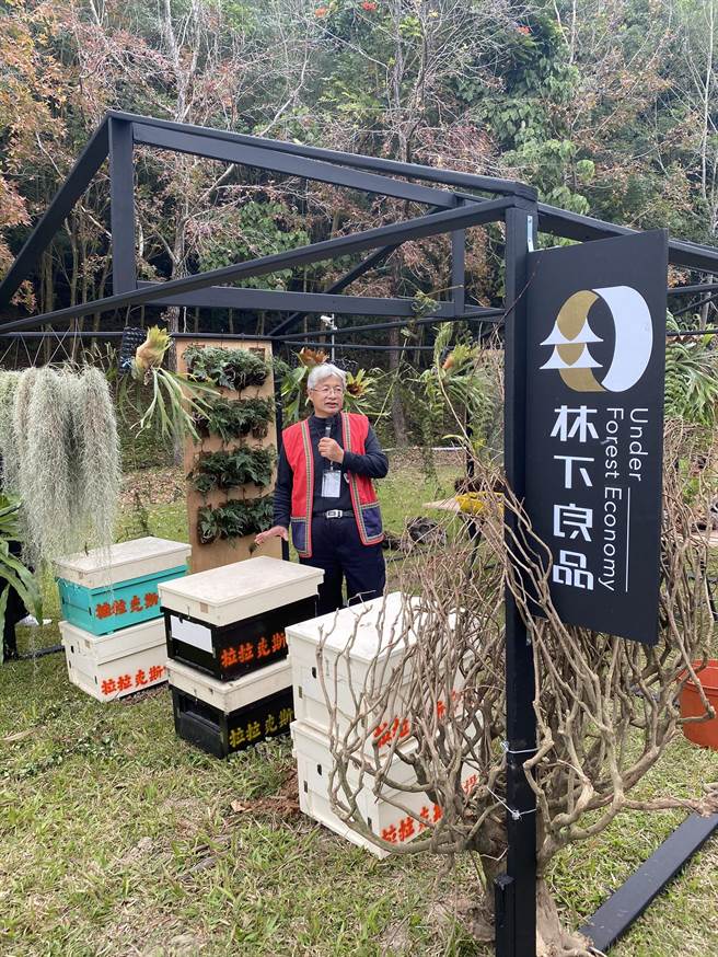 由阿里山原住民农林业生产合作社理事主席汪志敏以蜂箱说明林下养蜂过程。（嘉义林管处提供／张亦惠嘉县传真）