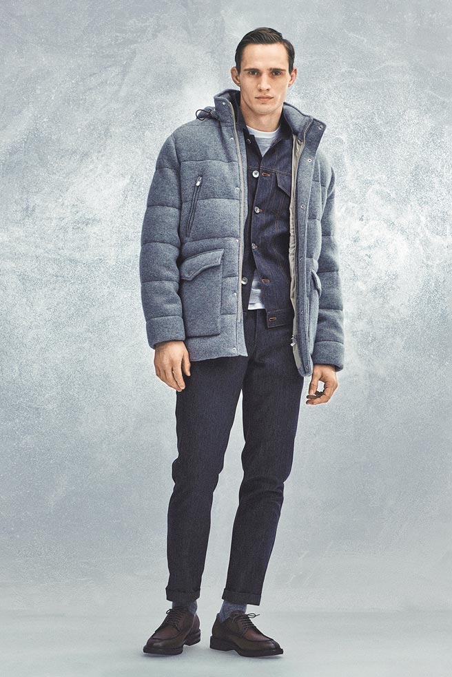 丹寧、羽绒、棉质等不同风格的单品在身上，营造出Brunello Cucinelli的独特风格。（BC提供）