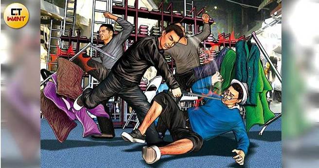 「超跑掌门人」邓超鸿因遭「黑道阮经天」道克明设局投资黄金期货失利，之后还不断遭道克明派小弟追讨保护费，动辄用棍棒将他打得浑身是伤。（图／本刊绘图组）