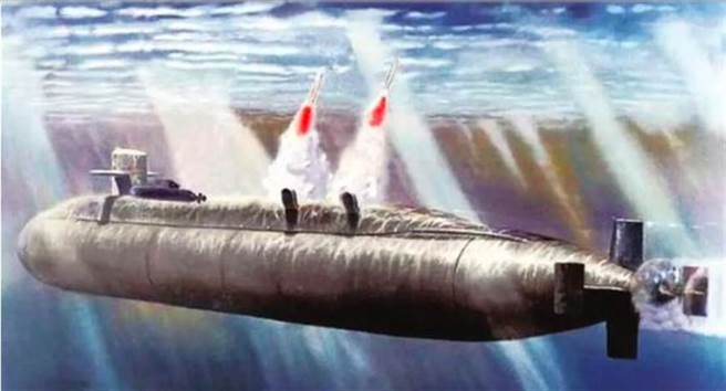 解放军海军新型核潜艇试射巨浪-3的示意图。（兵工科技）