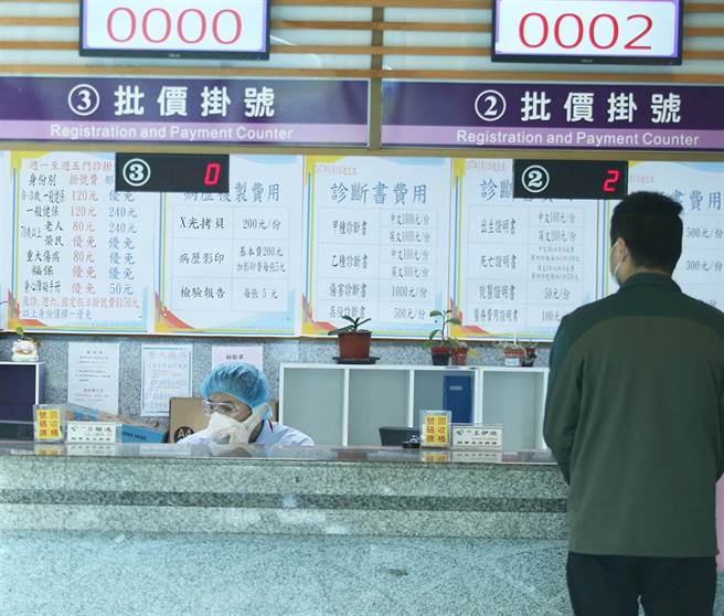 25日，中老年患者前往桃醫拿藥，掛號櫃台的工作人員穿戴防護設施服務病患。(陳怡誠攝)