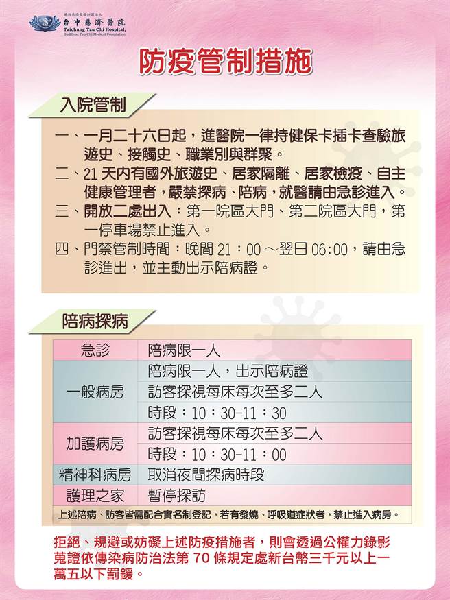 台中慈济医院26日起两院区同步实施门禁管制。（台中慈济医院提供／陈淑娥台中传真）