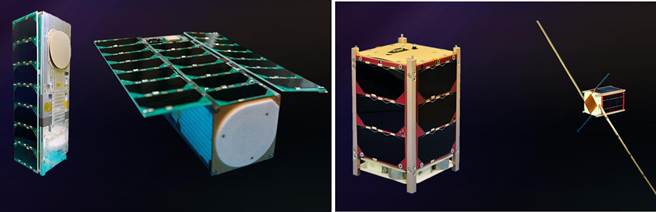 中央大学「飞鼠卫星」(左)，与「玉山卫星」(右)，都是小型立方卫星。(图/国卫院)