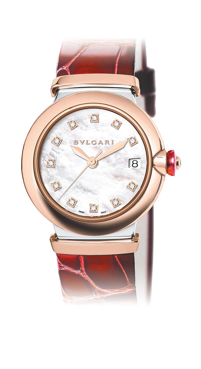 宝格丽LVCEA珍珠母贝表盘搭红色鱷鱼皮腕表，28万8800元。（BVLGARI提供）