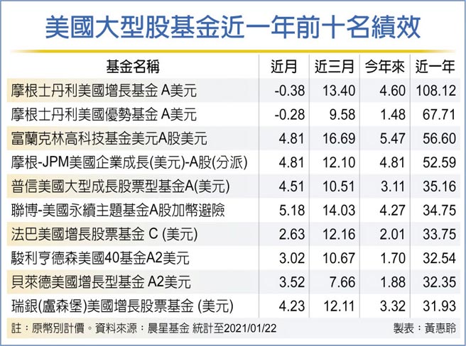 美国大型股基金近一年前十名绩效