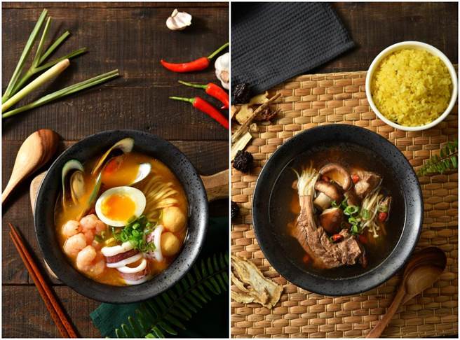 （左起）叻沙海鲜汤麵、肉骨茶饭。（微风提供）