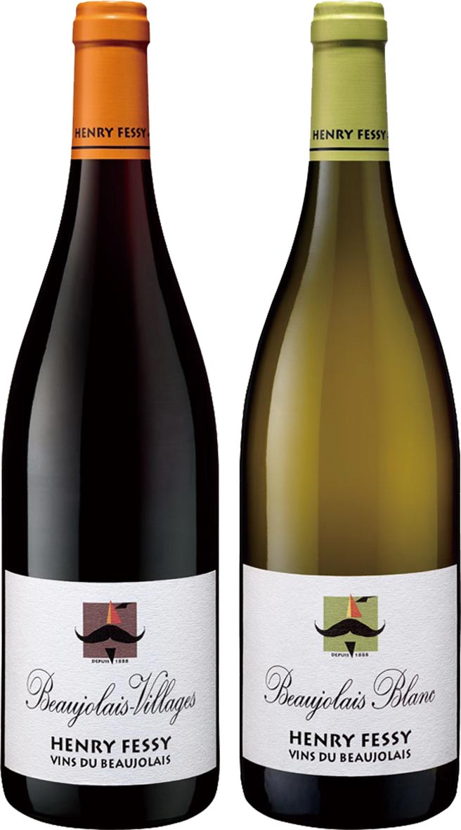 （右图）康龄酒藏「翘鬍子亨利薄酒莱村庄红葡萄酒＆翘鬍子亨利薄酒来白葡萄酒」礼盒，组合优惠价：1,100元。图／业者提供