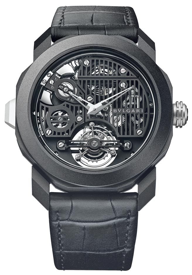 「LVMH钟表周」上最昂贵且是最高复杂功能的宝格丽Octo Roma Carillon Tourbillon钟乐报时陀飞轮腕表，限量15只，805万元。（BVLGARI提供）