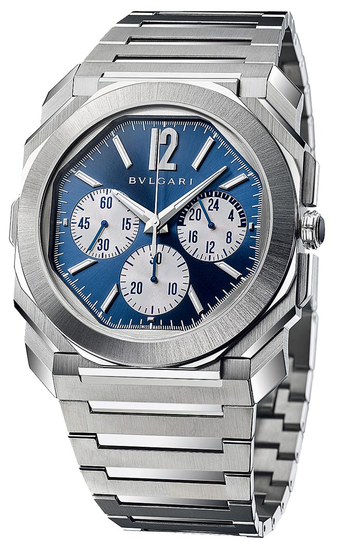 宝格丽Octo Finissimo  Chronograph GMT不锈钢计时码表，新增防水100公尺功能，约52万2000元。（BVLGARI提供）