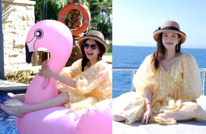 江疏影近日也穿上一套鹅黄色格纹裙，发出泳池写真秀长腿。（图／摘自微博@江疏影）