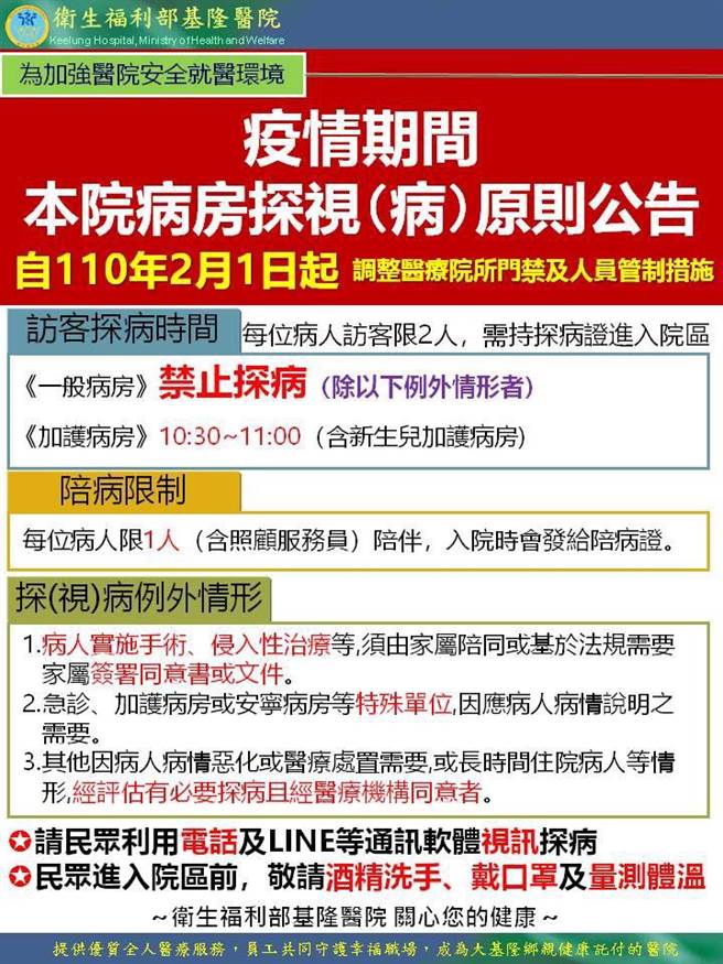 卫生福利部基隆医院28日宣布，2月1日起，除例外情形，一般病房禁止探病。（翻摄照片／陈彩玲基隆传真）