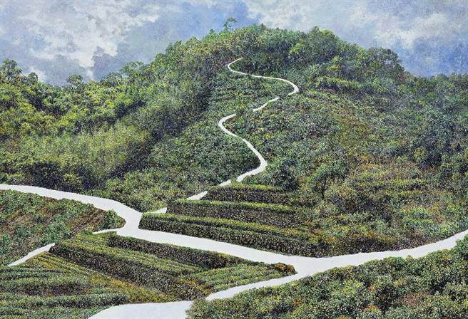 洪天宇老师的作品《山顏五衰》，美丽的画作鲜艳饱满色彩中，留白的部分，表达人类侵略自然环境的省思。（毓绣美术馆提供／黄立杰南投传真）