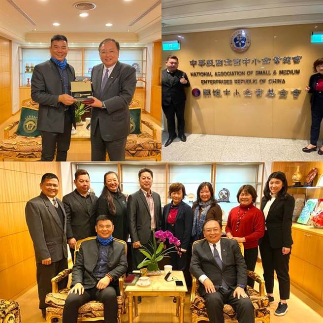 左上图总会理事长李育家(右)致赠台东企协陈涌贸理事长(左)纪念品，右上图为新任台东企协秘书长薛炜立与总会秘书长戴丽芬。下图为拜访活动大合照。（图／台东企协提供）