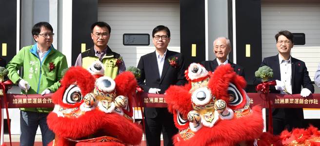 高雄市长陈其迈（中）、农委会主委陈吉仲（左二）30日出席加洲果菜运销合作社大型集货冷链物流加工厂落成启用典礼。（林瑞益摄）
